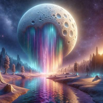 The primary subject of the image is a large, colorful, and vibrant moon that is floating in the sky. The moon is surrounded by a beautiful and colorful landscape, featuring a river and trees. The visual style of the image is digital art, creating a surreal and dreamy atmosphere. The dominant colors in the scene are blue, purple, and pink, which contribute to the overall mood of the image.